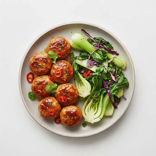 Vietnamese Chicken Meatballs with Tossed Bok Choy & Red Cabbage